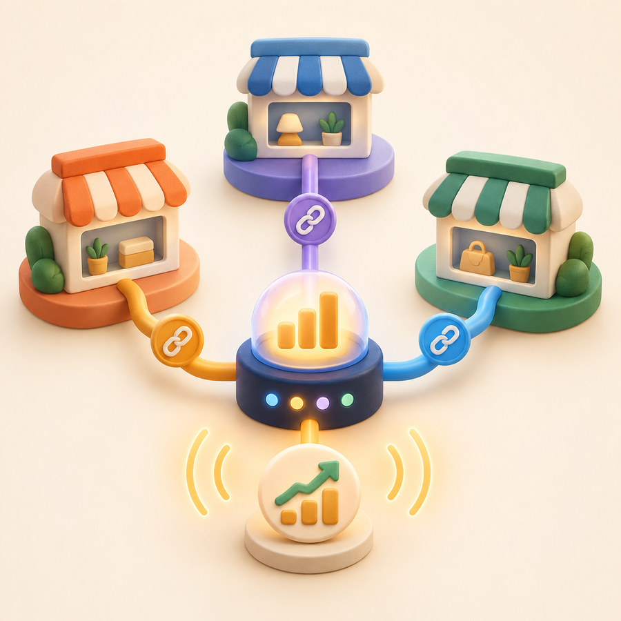 Connected partner storefronts feeding tracked results into one system