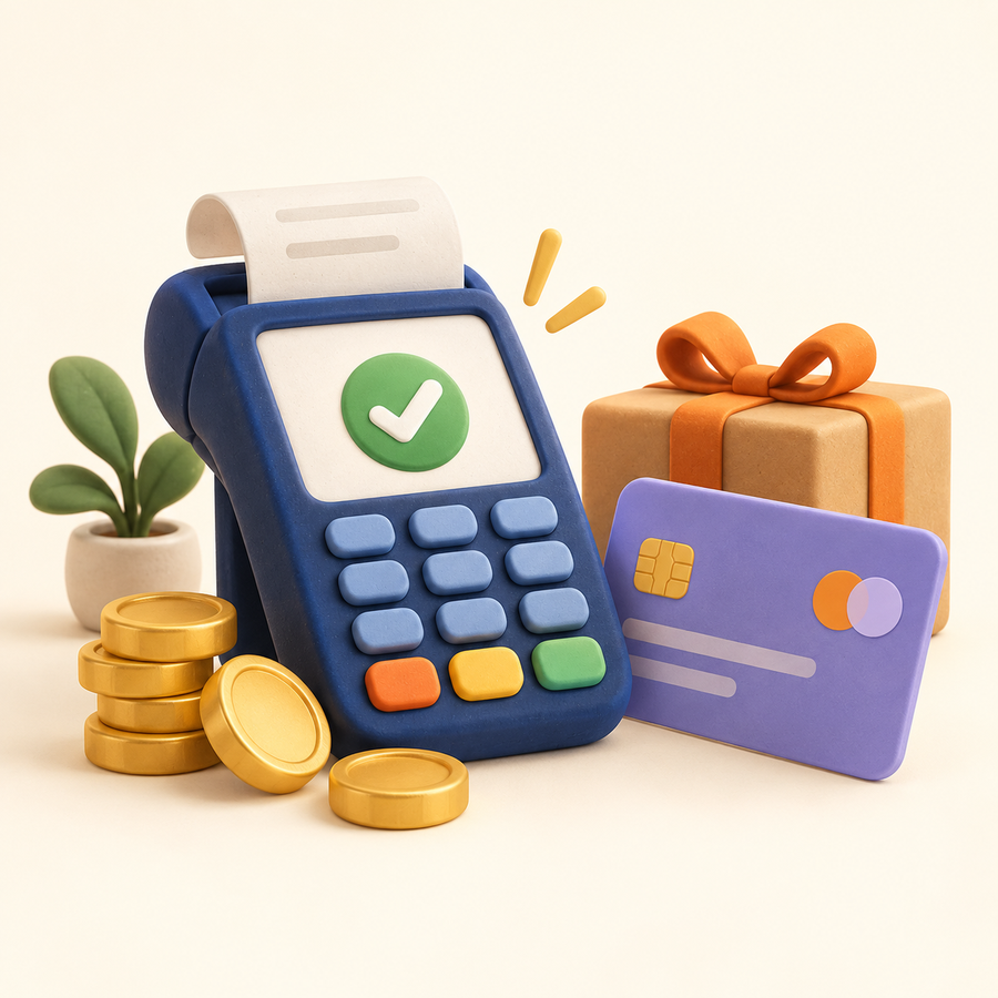 A secure payment terminal, checkout card and finished customer order